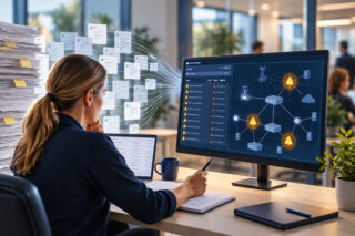 Network engineer at a desk reviewing a dashboard that lists vulnerabilities and shows affected devices in a network map, with stacks of paper reports beside her.