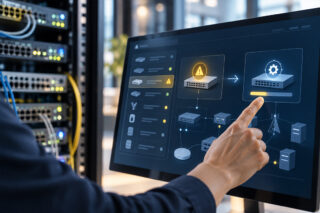 Hand pointing at a touchscreen dashboard showing a network switch flagged with a warning and a firmware update in progress, next to a server rack.