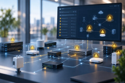 Switches, routers and access points connected on a table, several marked with warning symbols, linked to a dashboard showing the same devices in a network map.
