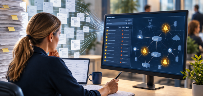 Vulnerability data turned into a clear overview Network engineer reviewing a dashboard that lists vulnerabilities and shows affected devices in a network map.