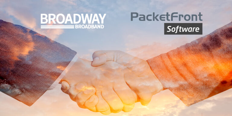 packetfront_broadway-broadband Shaking hand with sunset background and PacketFront with Broadway broadband